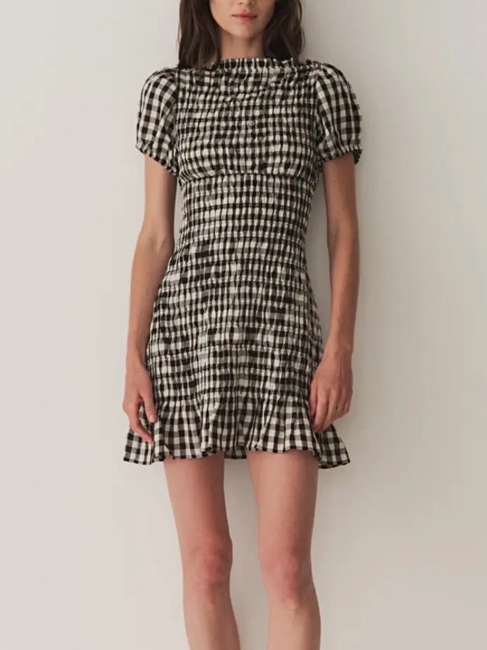 Dôen Rizzo Smocked Gingham Mini Dress Puff Sleeve Ruffle Hem Small Chic Evening